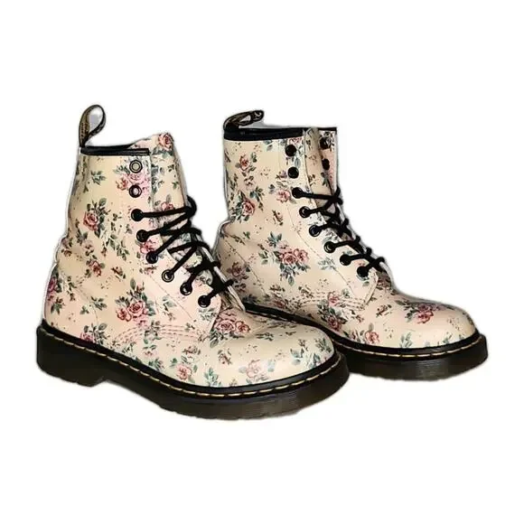 Dr Doc Martens cream Rose Floral Peach Boots 1460 Women’s Size US 6 - Picture 3 of 7